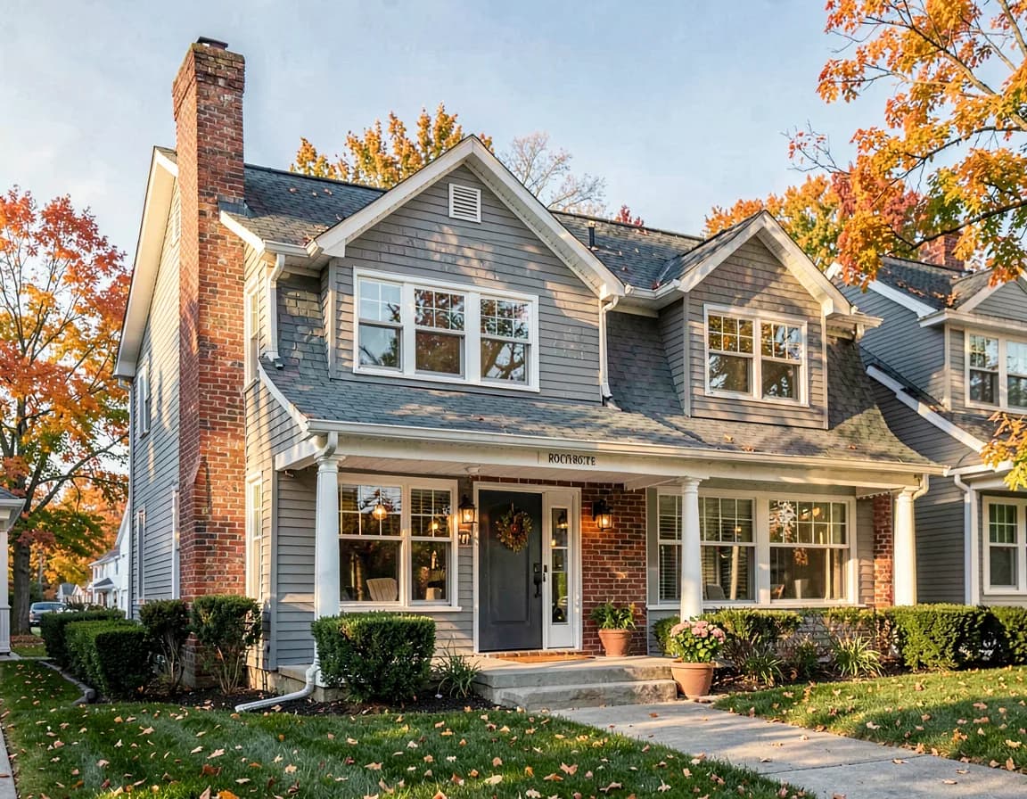Suburban Rochester home with a classic red brick chimney against a clear sky