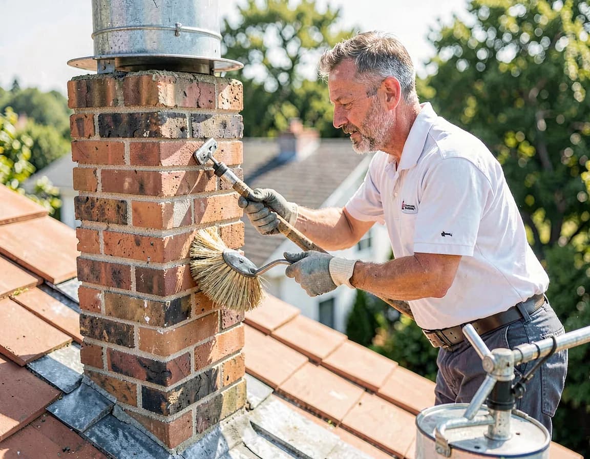 Professional chimney sweep cleaning a brick chimney on a rooftop